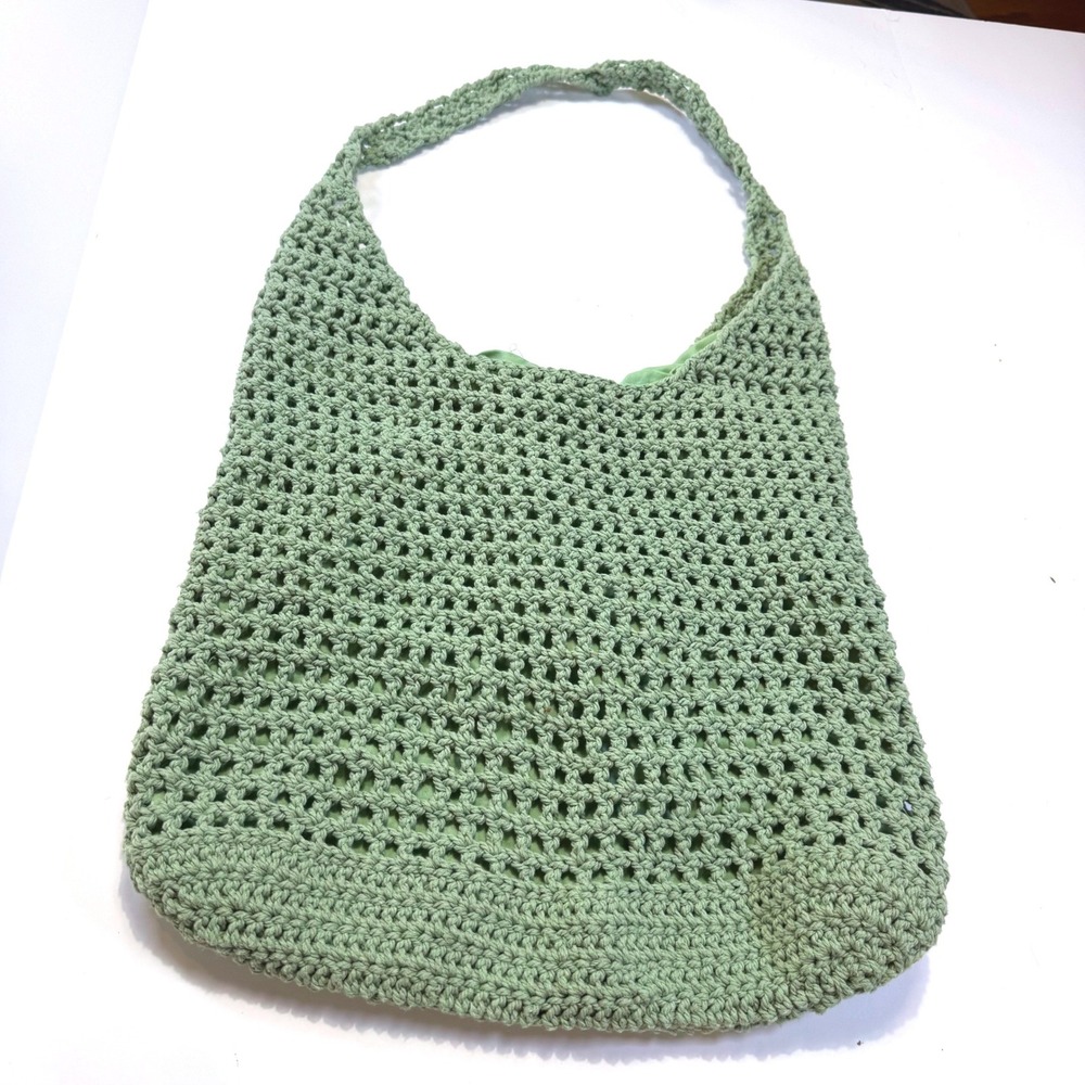 Sage Green Crochet Hobo Bag Lined Open Weave Knit Shoulder Tote Boho Beach Bag